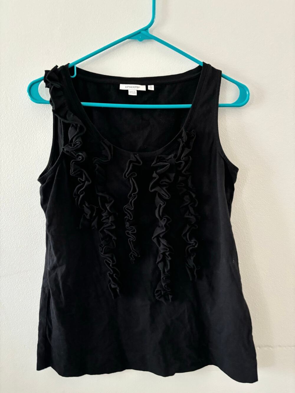 Chicos Top Women's Small Black Tank Ruffles Sleeveless Cotton Office Whimsigoth